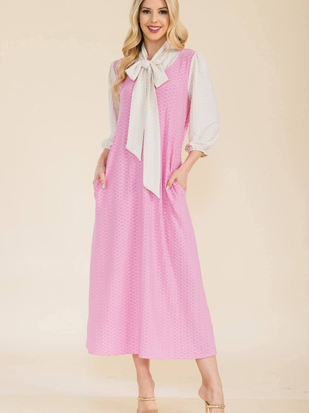 Celeste Pink Maxi Dress with Ivory Bow Tie